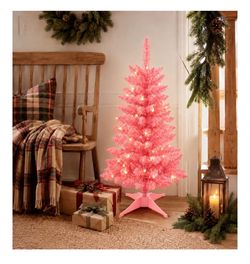 3FT Hot Pink Artificial Small Christmas Tree Mini Tabletop Decor Desk Xmas Tree with Lights & Stable Base for Home Entryway Apartment Office Indoor Ou