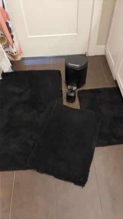 Black bathroom set - rugs, garbage bin, soap dispenser