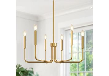 7766: New Brass Gold Chandelier, 6-Light Chandelier Light Fixture Farmhouse Chandeliers for Dining Room, Vintage Candle Pendant Light Fixtures Chandel