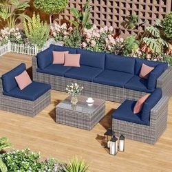 Assembled New 7 Piece Outdoor Patio Furniture Set PE Rattan Sectional Sofa with Coffee Table