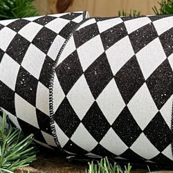 4 inch 30 Feet Black & White Glitter Harlequin Wired Edge Ribbon Crafts 10 Yards