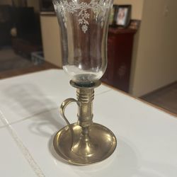 EUC Gotham Brass Hurricane Candleholder w/Etched Glass Shade - 9.25"T
