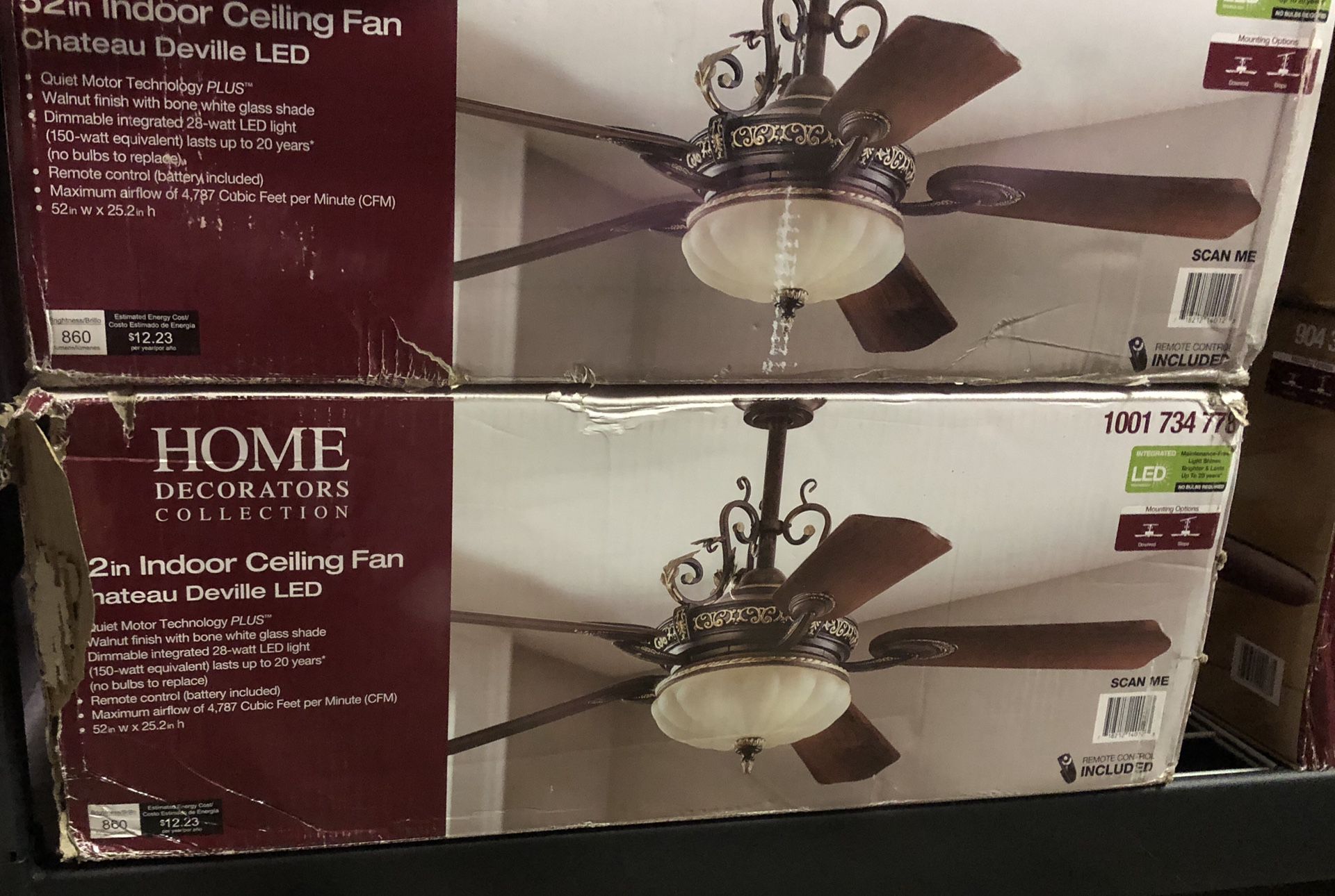 Home Decorators Collection Chateau Deville 52 in. Integrated LED Indoor Walnut Ceiling Fan with Light Kit and Remote Control- NEW IN BOX- 2 for $275
