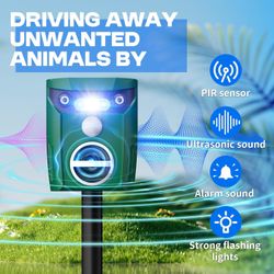 Solar Ultrasonic Animal Repeller, Deer Repellent Devices with LED Strober Light & Motion Sensor, Waterproof Cat Deterrent Repels Deer, Dog, Raccoon, S