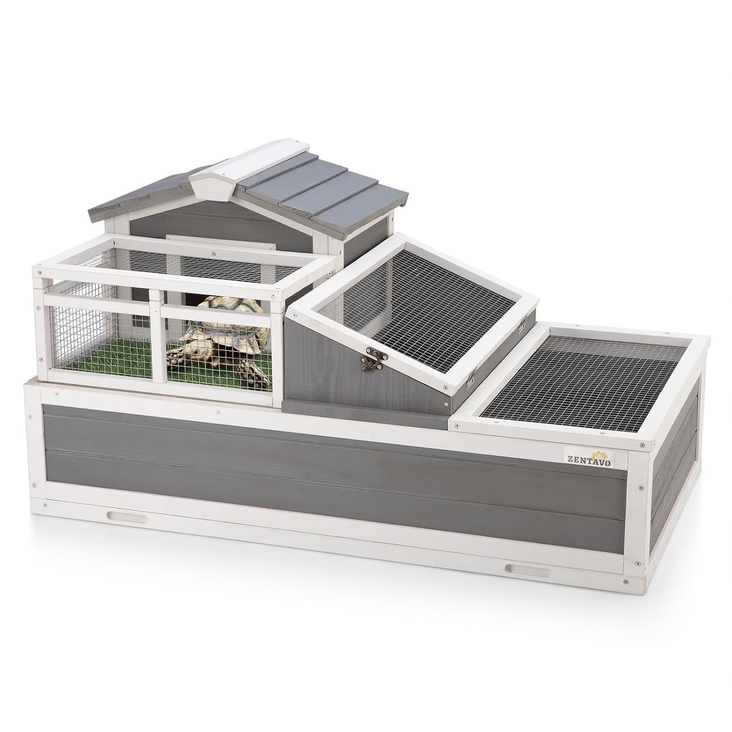 3-Room Large Tortoise Habitat with Pull-Out Tray, Wooden Reptile Enclosure Indoor & Outdoor with Ramp, Grass Mat, Openable Roof, Reptile Cage for Smal
