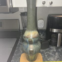 New Condition tall, vintage art pottery vase features a double-gourd silhouette