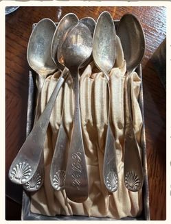 Antique Silver Spoons set of 6 with Shell Detail