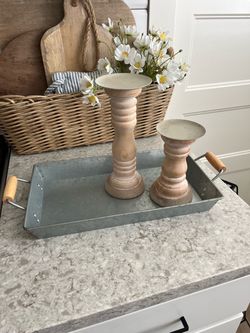 Galvanized metal tray with wood handles $10