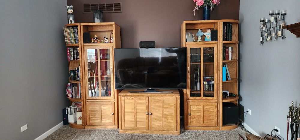 Solid Oak Entertainment Center with lights