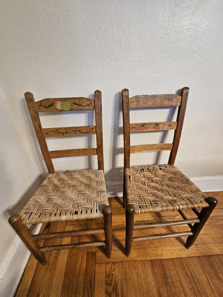Vintage Rustic Farmhouse Ladder Back Chairs With Woven Wicker Rattan Seats