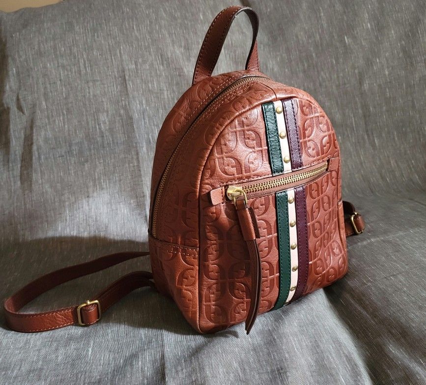 NDS Women's Fossil Signature Stripes Quilted Brown Leather Backpack pack