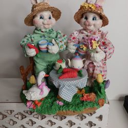 Vtg Collectible Figures Easter Bunnies Tea Time Spring Picnic Home Decor #spring