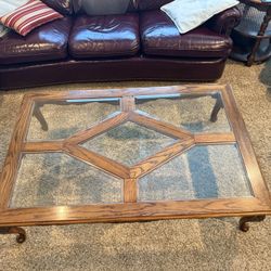 Elegant Oak Coffee Table with Beveled Glass Inserts & Hand-Carved Detail