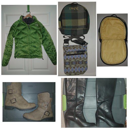 NF Jacket, Dakine purse, Leather Boots