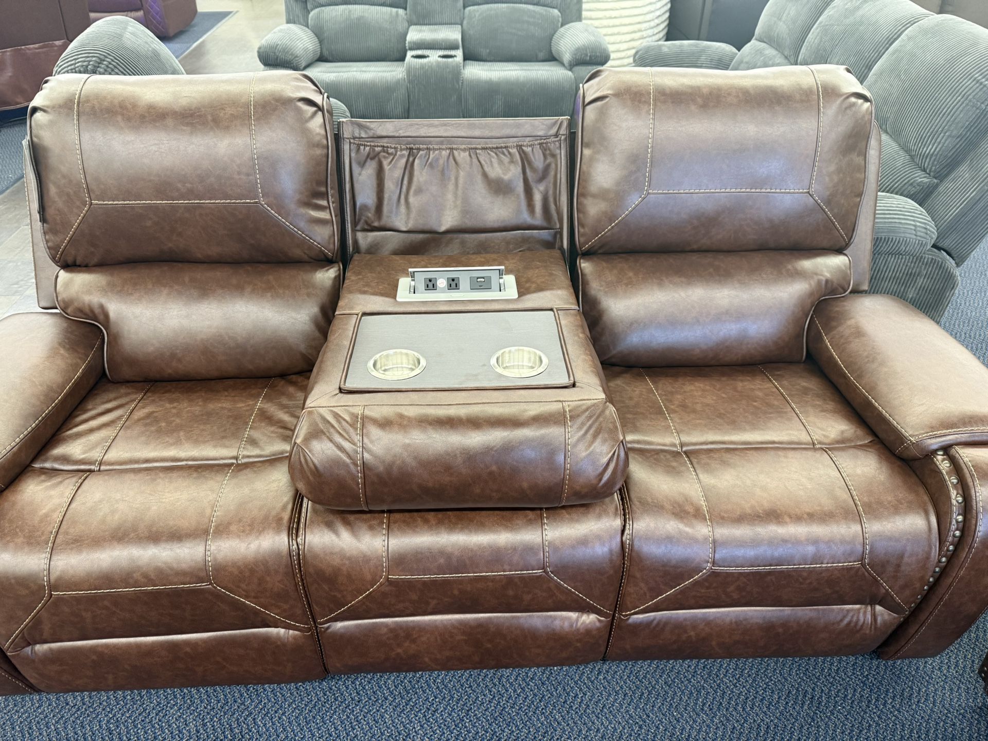 Dual Reclining Sofa With Drop Down Cup Holders And Power Outlet And Charging Station