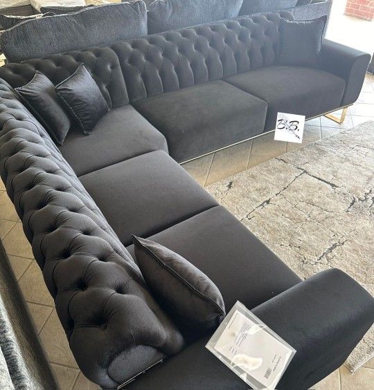 Furniture King Bella Black Velvet Tufted Large Comfy Luxury Sectional Sofa Couch With Metal Legs| Brand New Living Room Set|