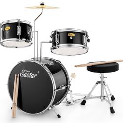 Eastar Drum Set 14'' for Kids Beginners,3 Piece with Bass Tom Snare Drum,Adjustable Throne, Cymbal, Pedal & Two Pairs of Drumsticks, Metallic All Blac