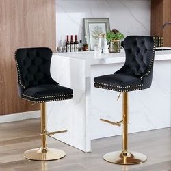 NEW ODUSE-DAILY Black Velvet Bar Stools Set of 2 - Adjustable Swivel Counter Height Chairs