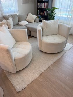 Living Spaces Ivory Boucle Swivel Chairs – Set of 2
