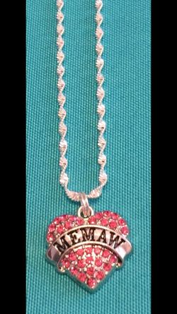 NEW Pink Memaw Heart Charm on Blingy Sterling Silver Chain