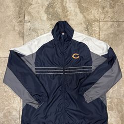 Chicago Bears Reebok Men's Large Windbreaker Jacket Full Zip Navy Blue Gray 
