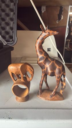 Hand Carved Wooden Elephant And Giraffe