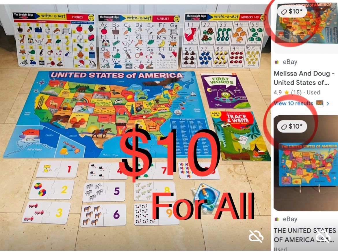 $10 For All Educational Bundle Melissa & Doug USA Floor Map Puzzle,Melissa & D trace Mats,Books etc
