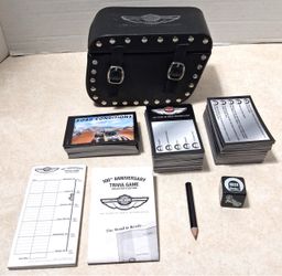 Harley-Davidson 100th anniversary trivia game, leather saddle bag complete