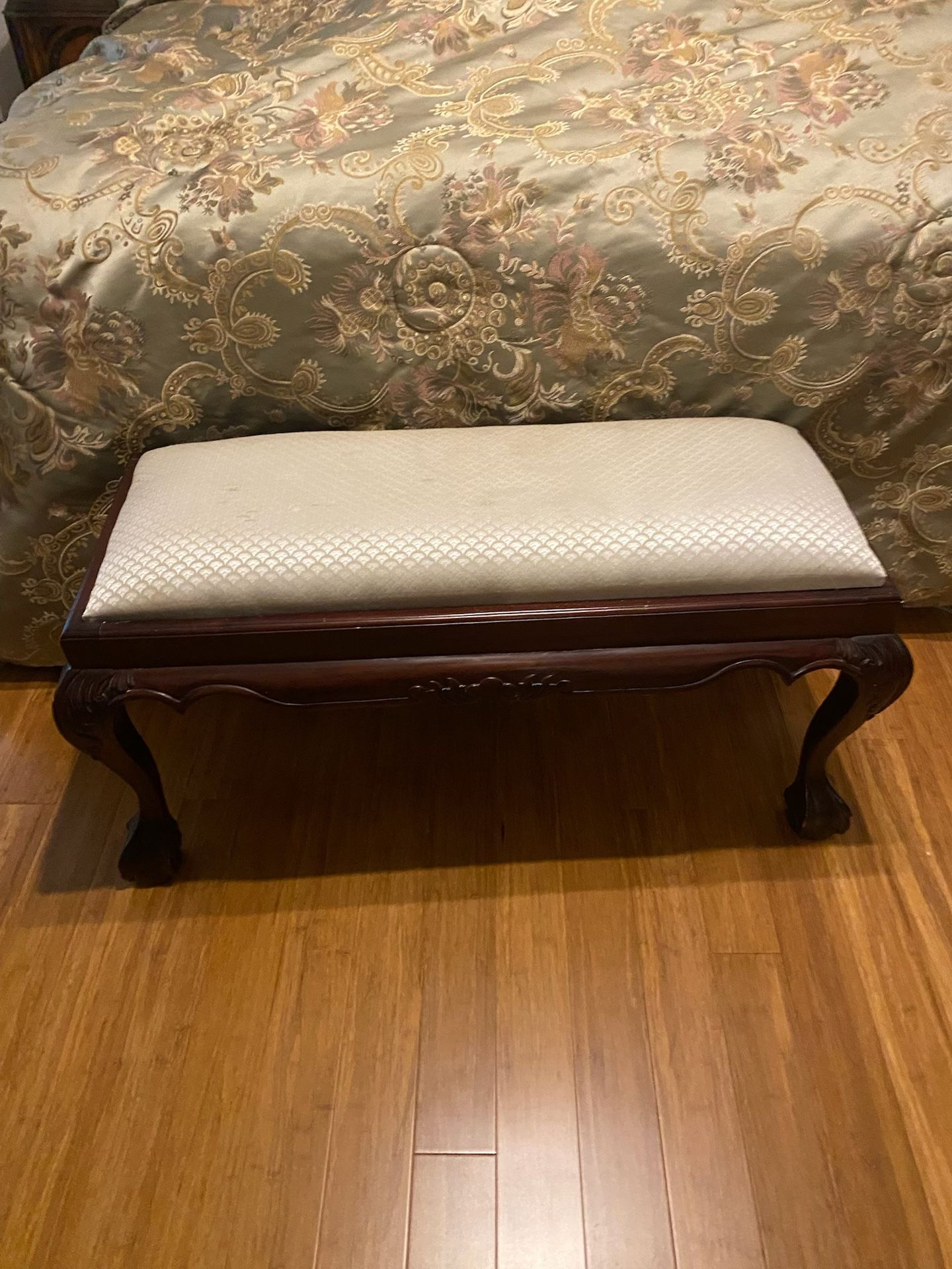 Vintage Carved Wood Upholstered Bench – Chippendale Style – Ball & Claw Feet