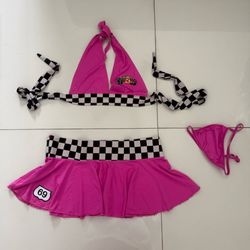 Y2K Hot Pink Racing Bikini Set 3 Piece Checkered Flag Micro Bikini Skirt Set Barbiecore Motorsport Swimwear