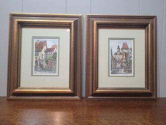 Pair Of Mixed-Media Paintings, German Town, Signed