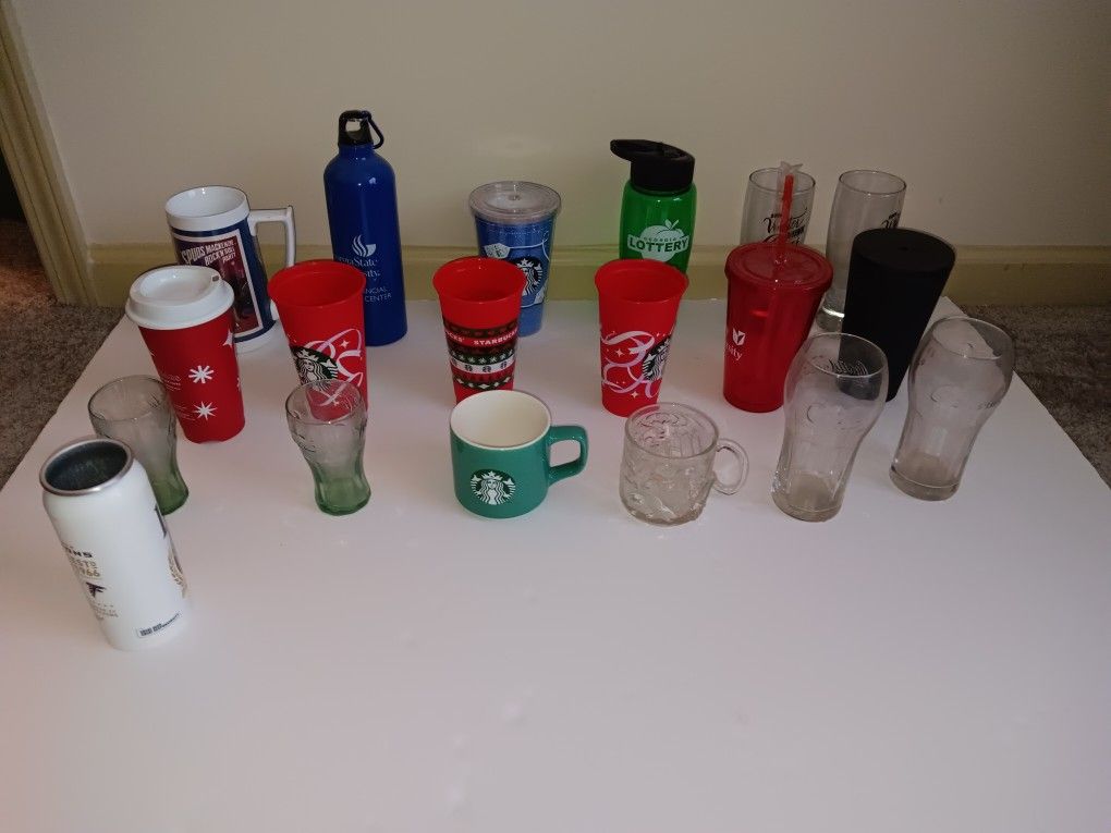 Lot of 19 Glasses & Cups (Coca Cola, Starbucks & More)