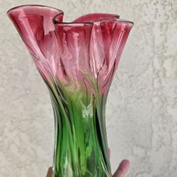 Vintage Watermelon Vase Hand Blown Art Glass Pink & Green Swirl 