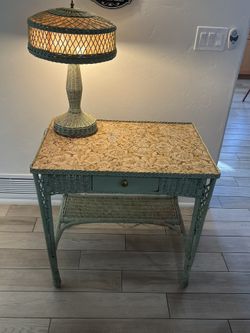 Antique Wicker Rattan Teal Desk & Matching Lamp