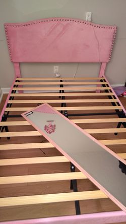 Pink Upholstered Bed Frame with Headboard plus pink mirror