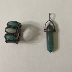 Real Green Stone Pendant And Matching Ring ( Not Real )