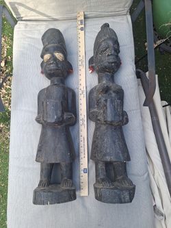 2 Vintage Hand Carved Ceremonial African Statues