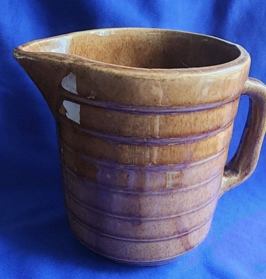 Vintage USA Monmouth Pottery Milk Creamer Pitcher Brown Ribbed Banded Rin