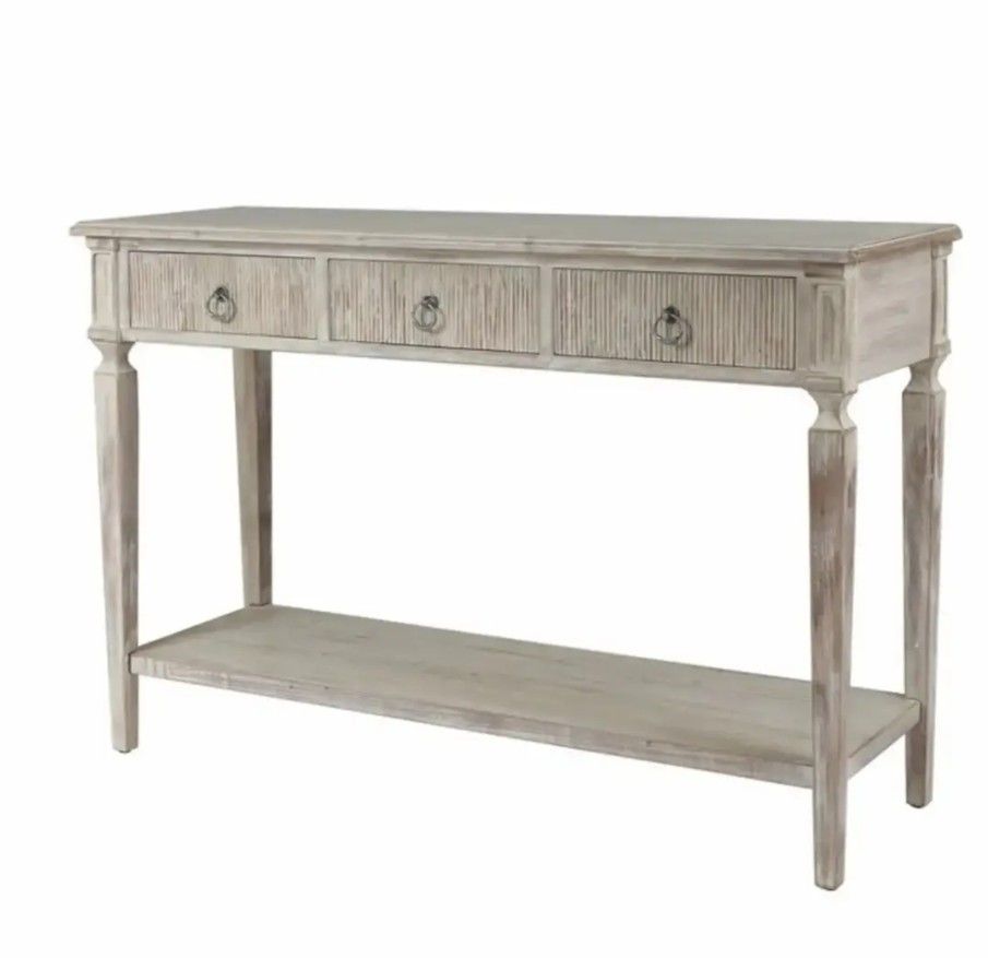 <NEW **A ASSEMBLED** LuxenHome Whitewashed Wood 3-Drawer Console Table