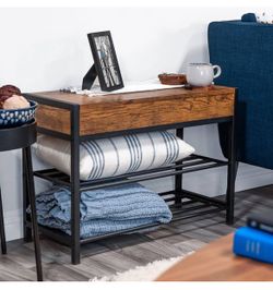 AVAFORT Two Layer Shoe Bench with Storage Cabinet Top, Metal Frame, Rustic Brown