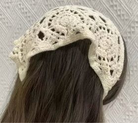 Headscarf Hair Accessory French Retro Crochet Triangle, Forest Style Hollow Knit Headwrap Breathable