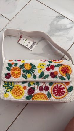 Beaded Fruit Print Clutch Shoulder Bag