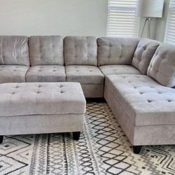 COSTCO Gray Chenille Sectional Couch And Ottoman 