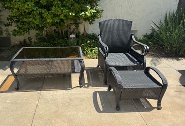 3 Piece Black Wicker Patio Set with Patio Chair, Coffee Table and Ottoman