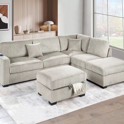 3-Piece Reversible Sectional Set W/ Ottoman Reversible Chaise + Sofa W/USB + Storage Ottoman  Color: Camel.   🔥   Seccional de 3 Piezas  Nuevos en Ca
