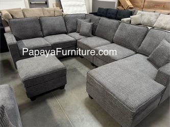 Modern Chenille Fabric Sectional Couch with Reversible Chaise and Ottoman Set Left or Right Flexible Dark Charcoal Gray Black Big Large Living Room