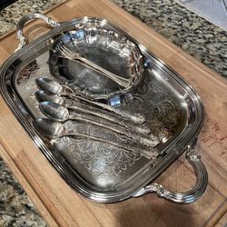 Excellent Lot Of SILVER PLATED TRAY, SPOONS, FORKS & DISH! CHEAP FROM ROGERS AND ONEIDA AND CRESENT! 1 OWNER NICE!