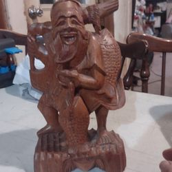 Vintage Hand Carved Wood Chinese Immortal Fisherman w/ Fish 13"

