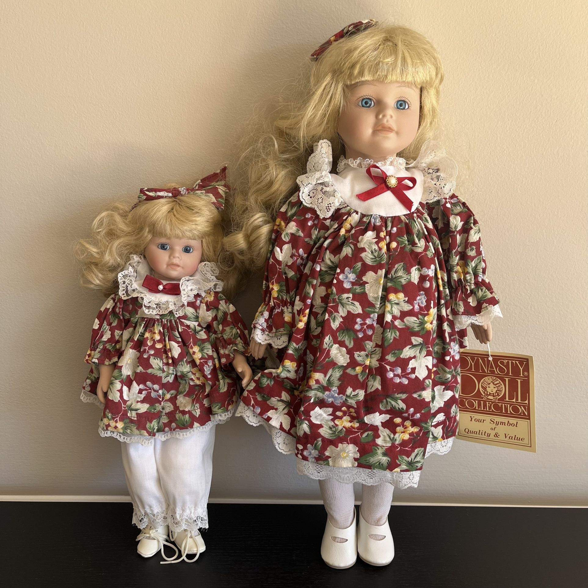 Vintage Dynasty Porcelain Dolls Mother Daughter Hand Painted Floral