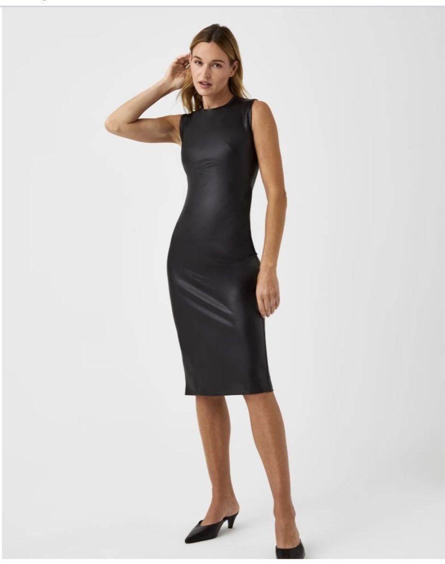 NEW Spanx Leather Like Sleeveless Sheath Dress Black  Zip Up Round Neck Women’s Sz Large NWT